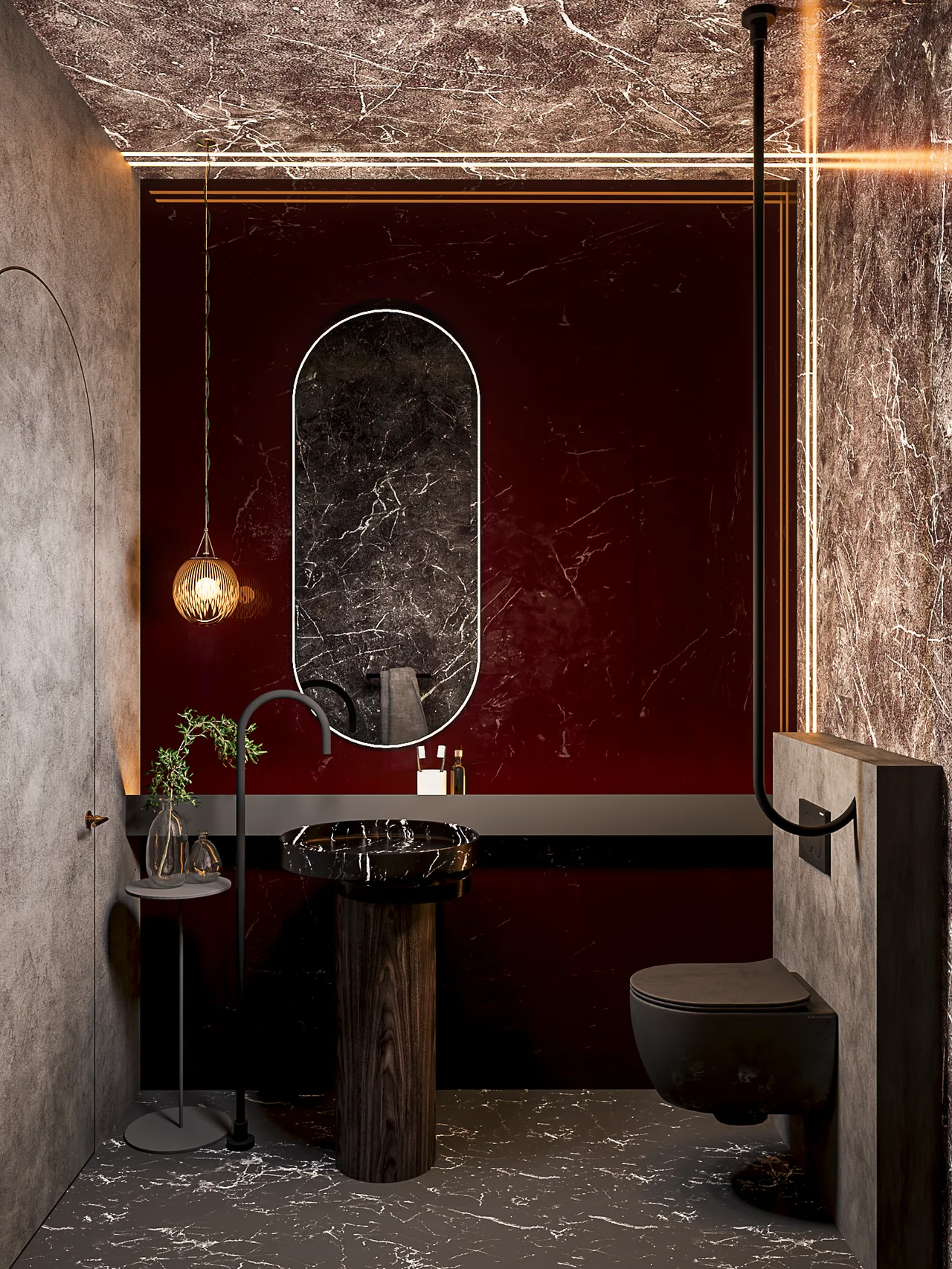Nour Café Restrooms, Dramatic Marble and Warm Accent Lighting: image 2