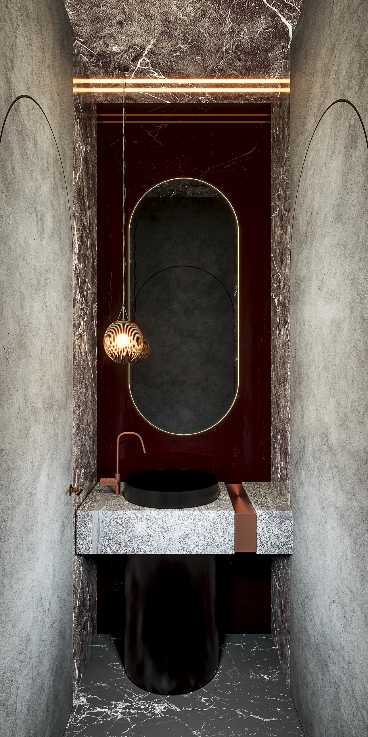 Nour Café Restrooms, Dramatic Marble and Warm Accent Lighting: image 1