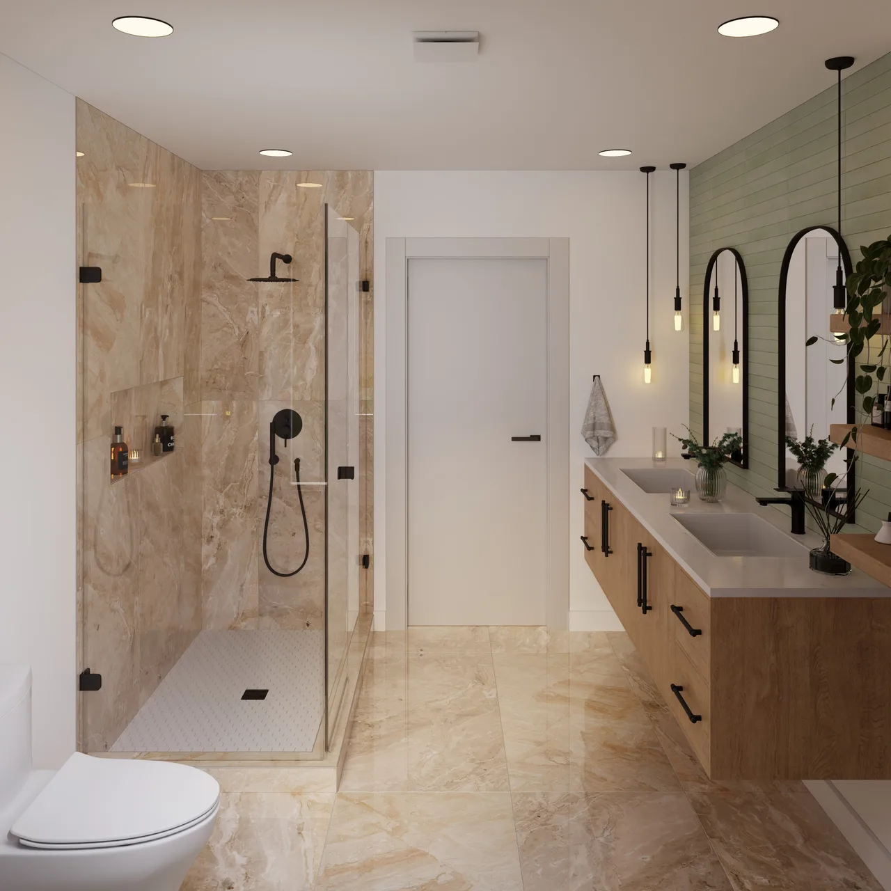 Sage Green Bathroom with a Floating Wood Vanity: image 2