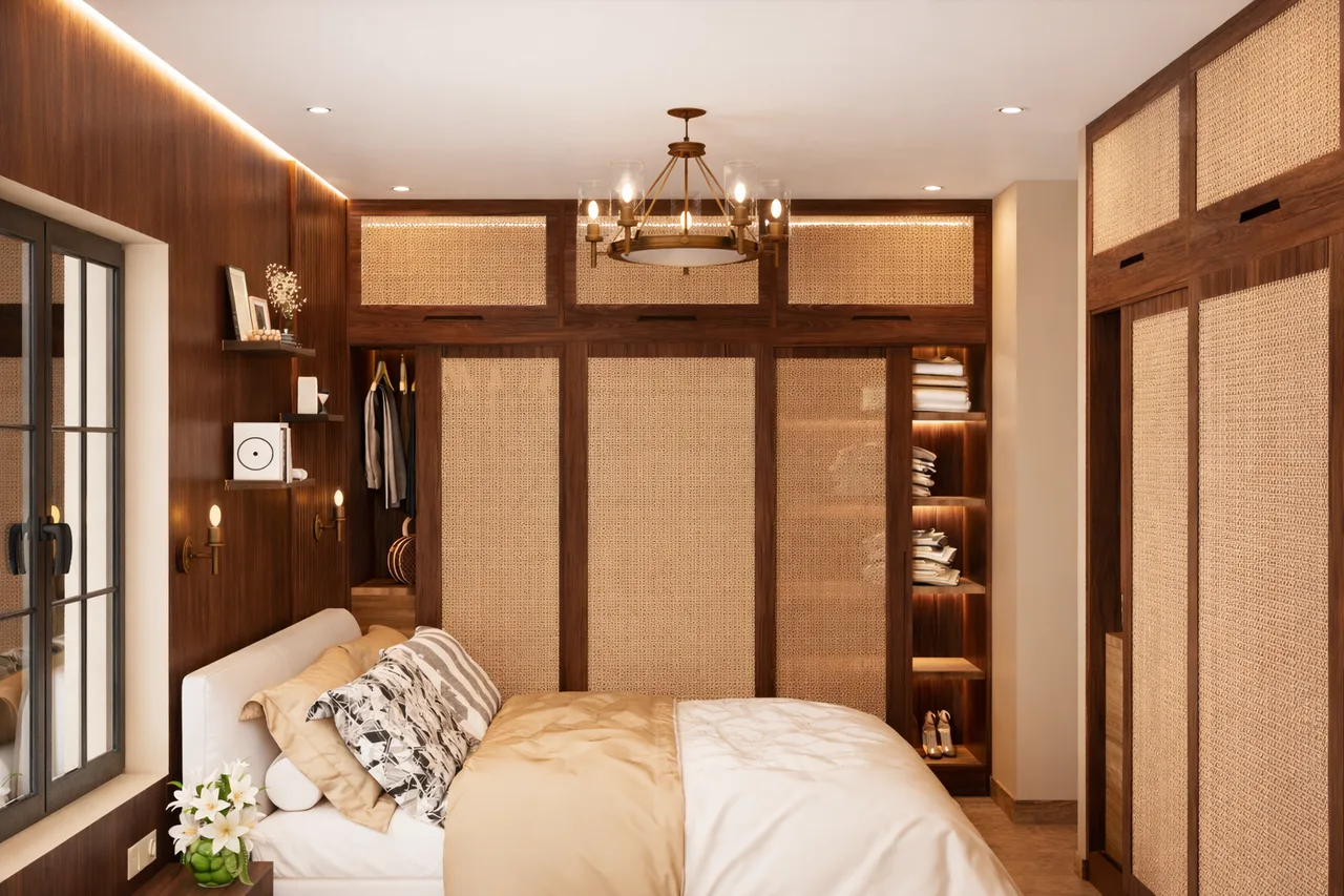 Warm Timber Bedroom with Woven Cane Wardrobes: image 2