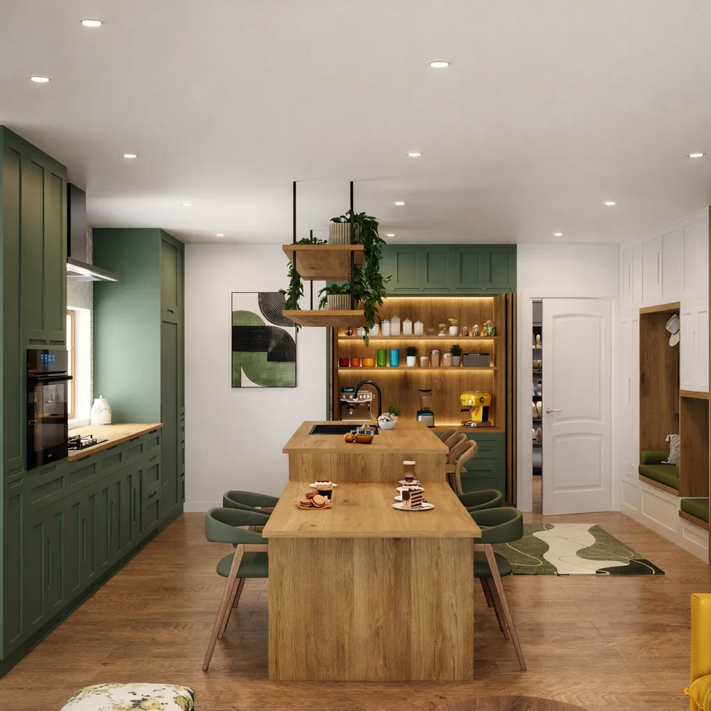 Sage Green Kitchen with a Timber Island and Open Shelving: image 2