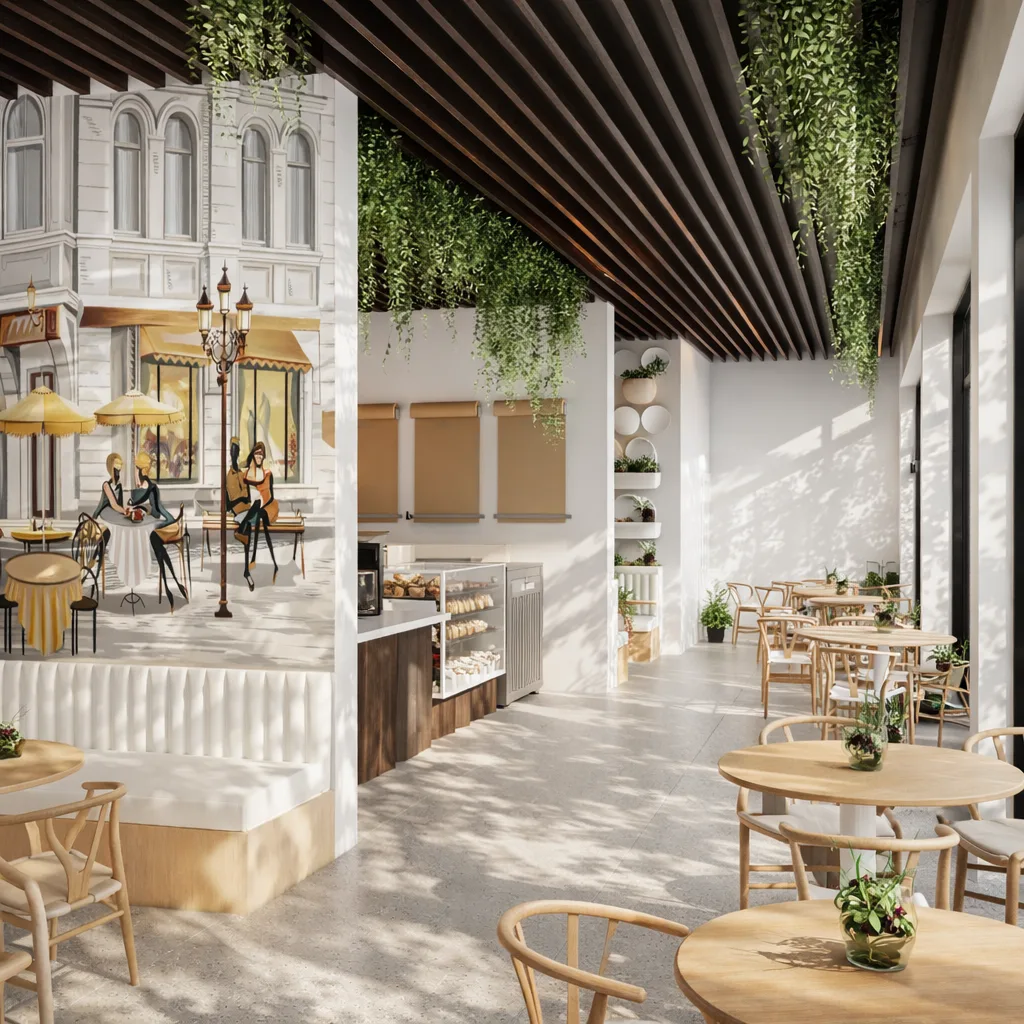 BENNI Café, Sunlit Interior with Timber and Greenery: image 1